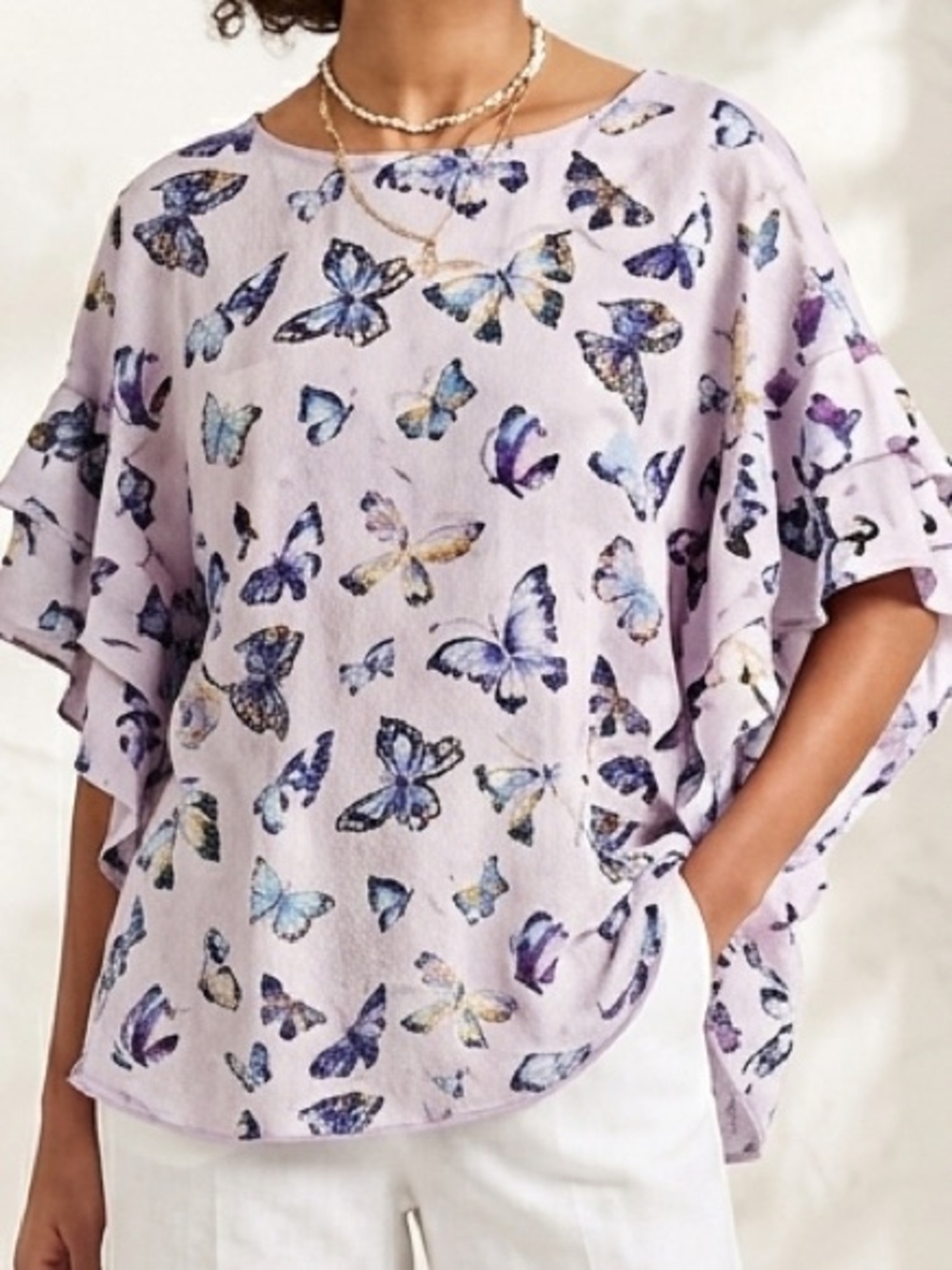 Chicos Butterfly Print Flutter Sleeve Top 2 (L)  Feminine Kidcore Resort